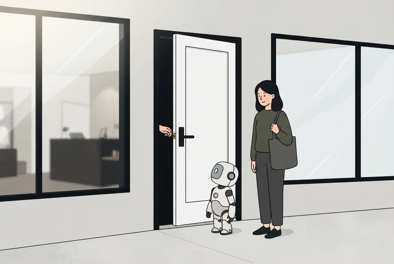 A hand unlocks a shop door to let a small robot visitor in alongside a waiting human visitor.