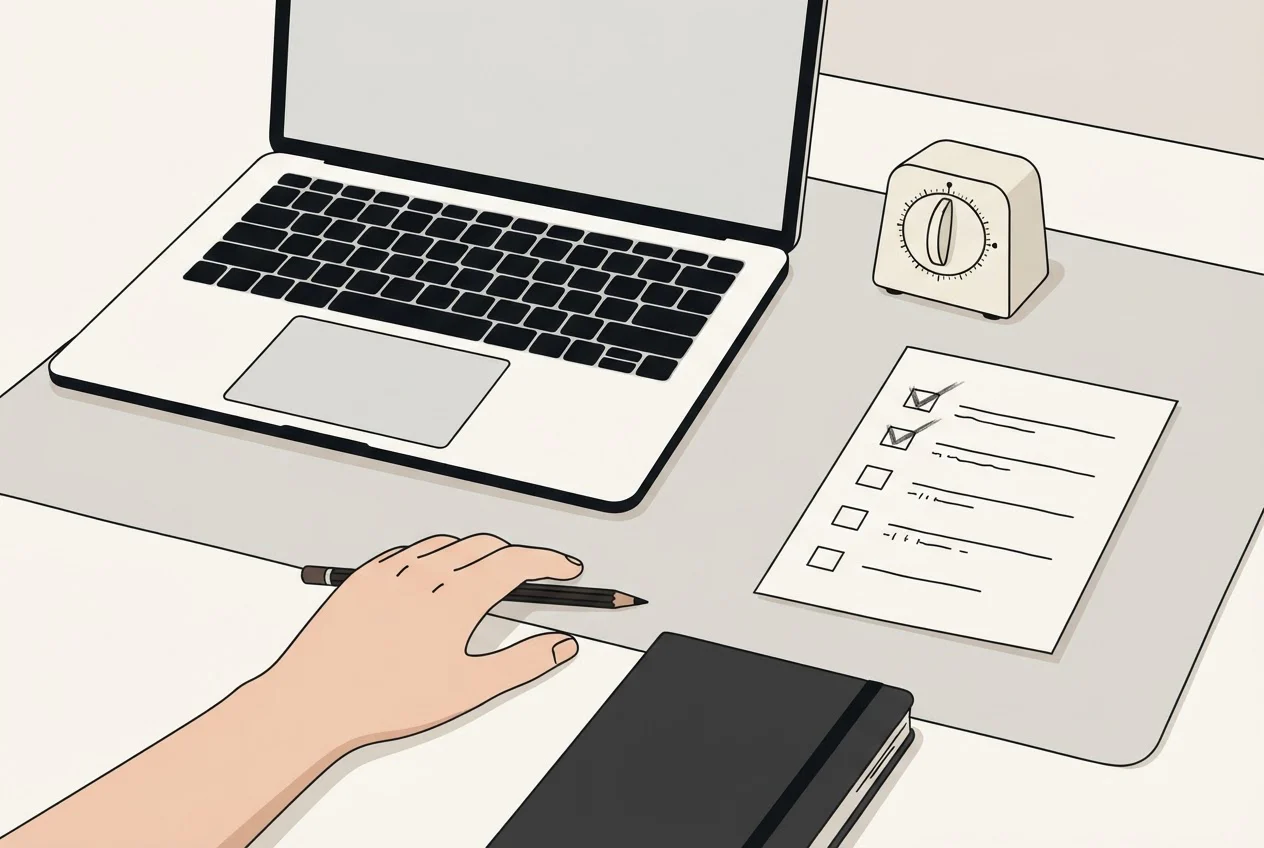A desk with a laptop, a kitchen timer and a paper checklist whose first two rows are ticked.