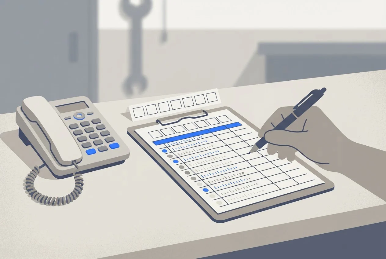 A clipboard with a grid of tick marks sits beside a desk phone while a hand adds another mark.