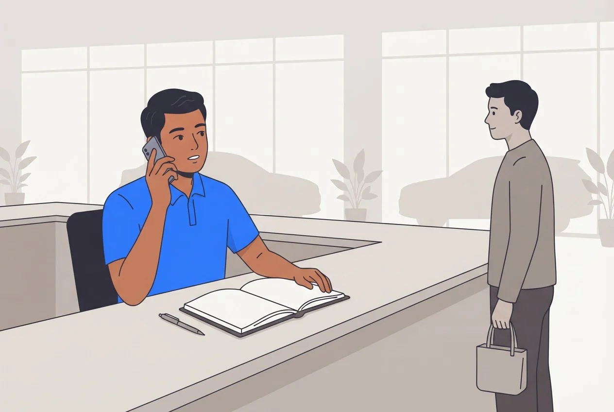 A service advisor holds a phone call while his appointment diary stays empty and a customer waits at the counter.