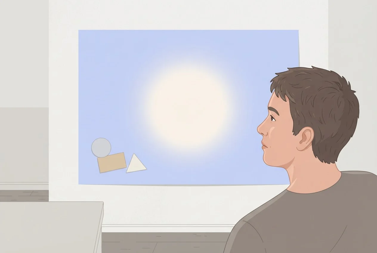 A viewer looks at a poster where a soft glow sits only on the centre while small off-centre stickers go unnoticed.