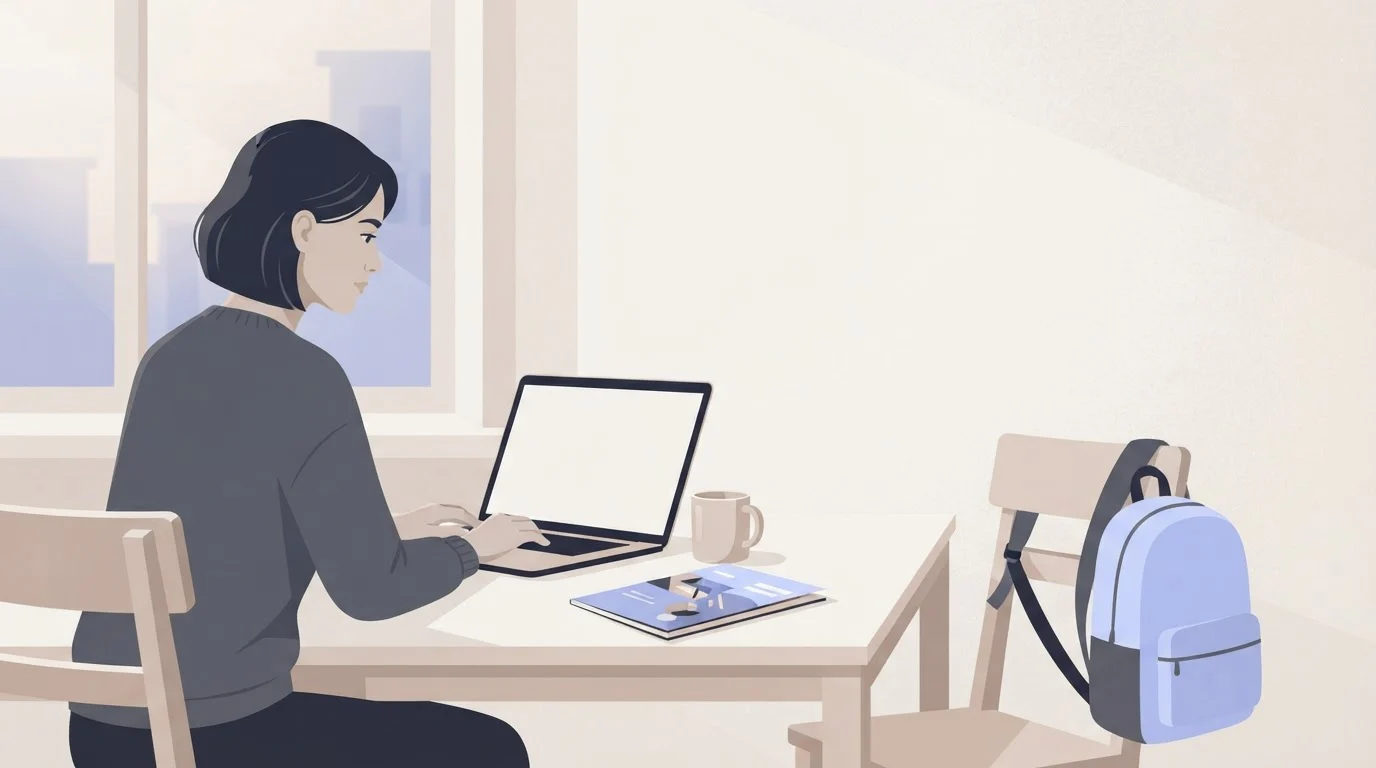 A parent sits at a kitchen table at a laptop, considering a school brochure beside it.