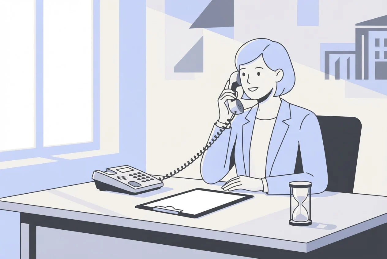 An admissions officer on a desk phone beside a blank paper form and a sand timer.