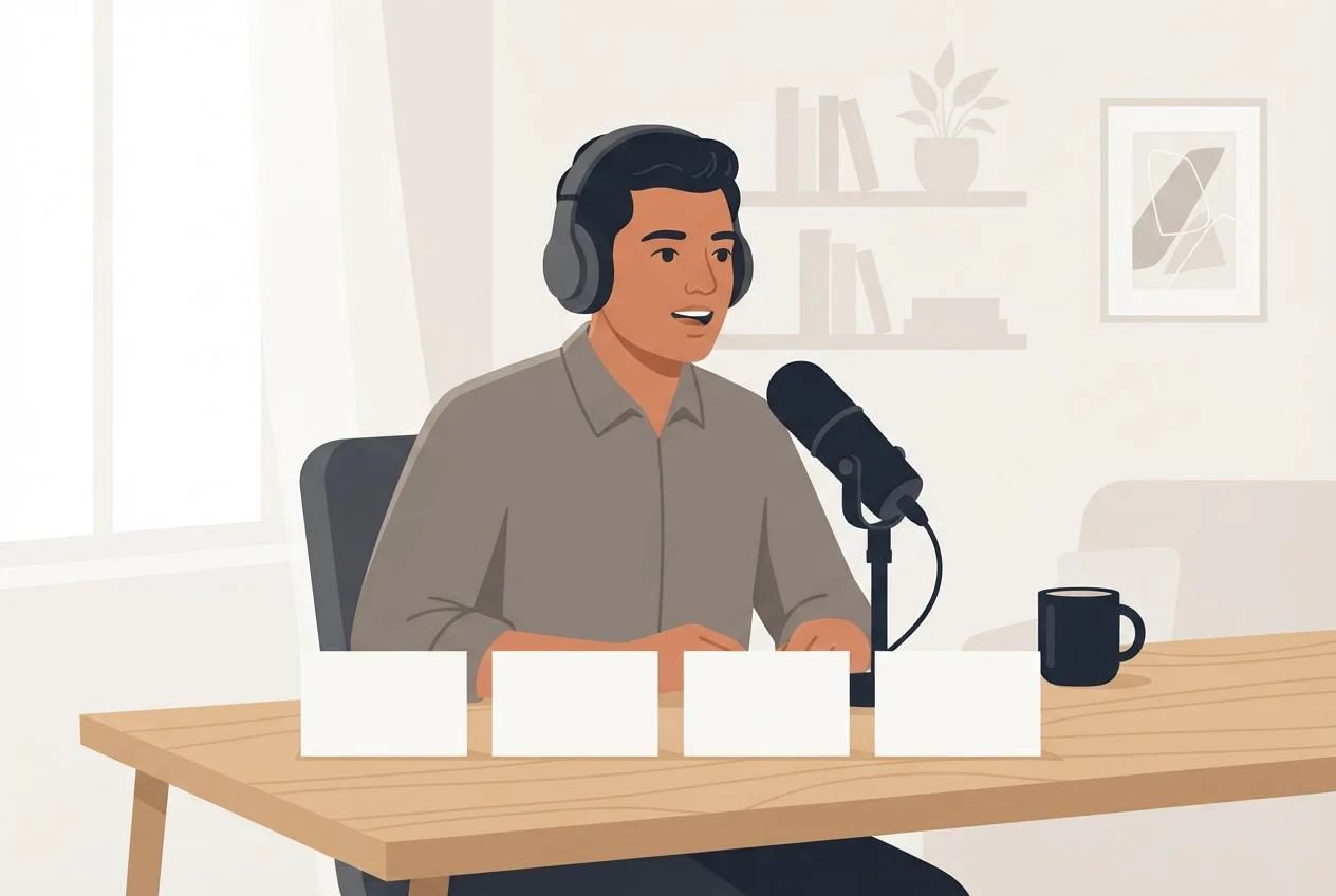 A business owner records a short spoken message into a microphone with four blank cards laid out on his desk.