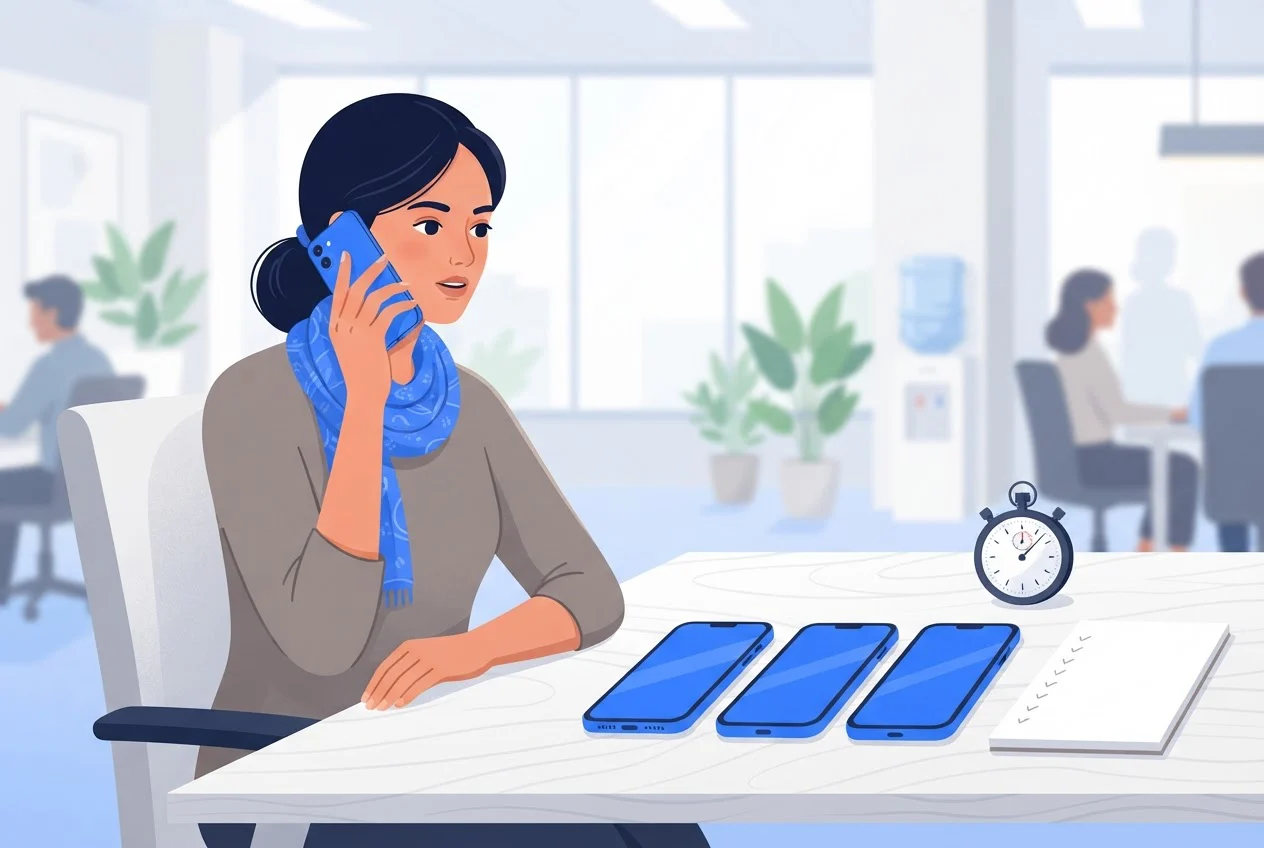 A woman makes a test call with one phone while four others and a stopwatch lie on her desk.
