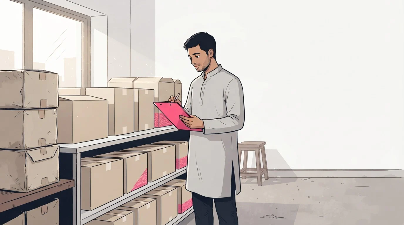 A shopkeeper in an Indian stockroom checks rows of identical cartons on shelves with a clipboard.