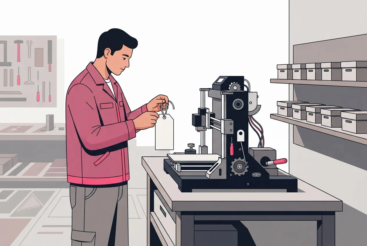 A technician tags a one-off machine on a workshop bench, separate from a shelf of identical boxed parts.