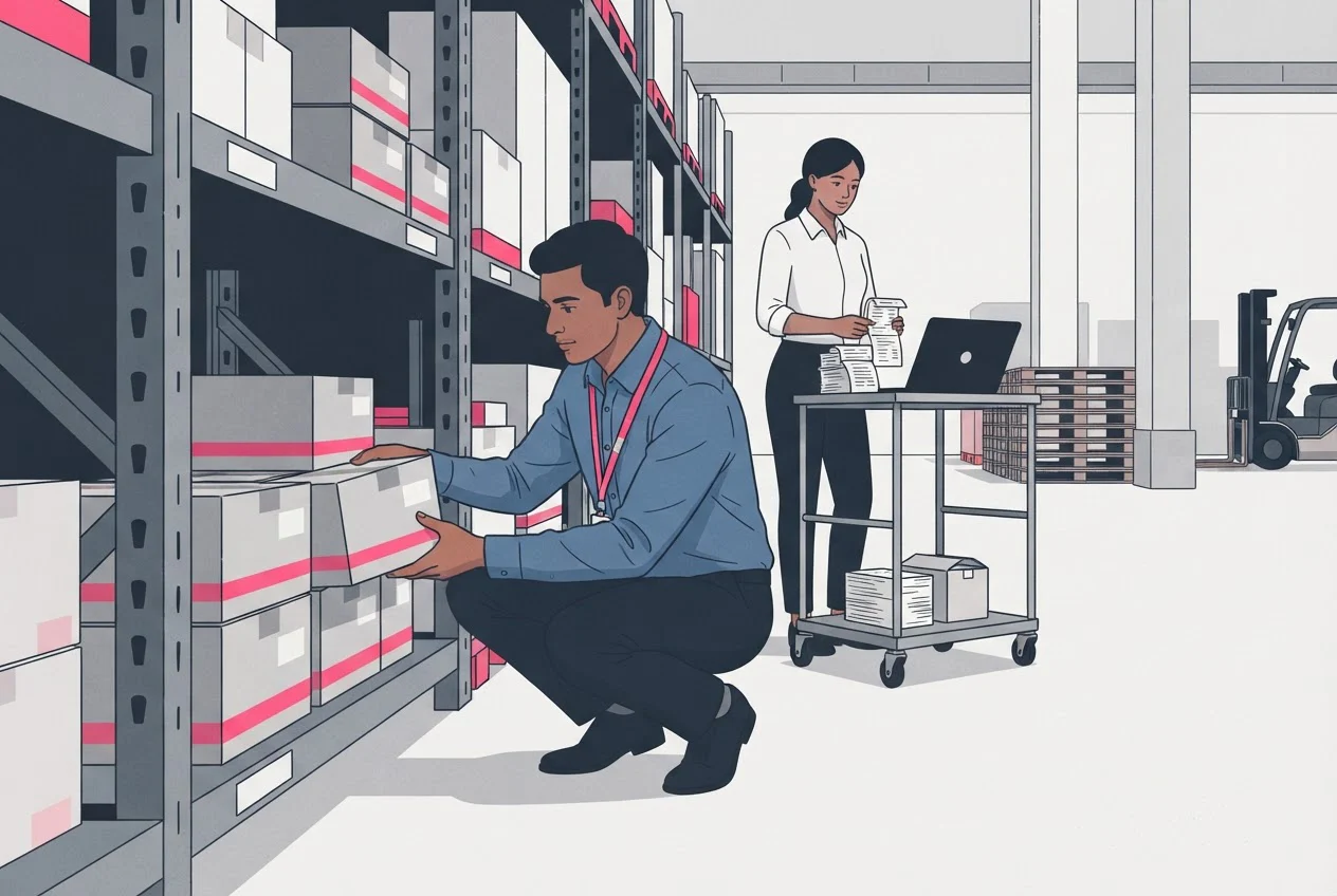Two warehouse staff count cartons on a shelf and compare them with paper receipts and a laptop.