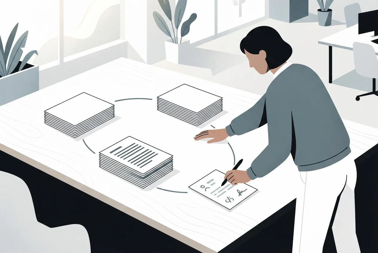 A marketer at a table arranges four paper cards in a loop, ending with a draft page being approved.