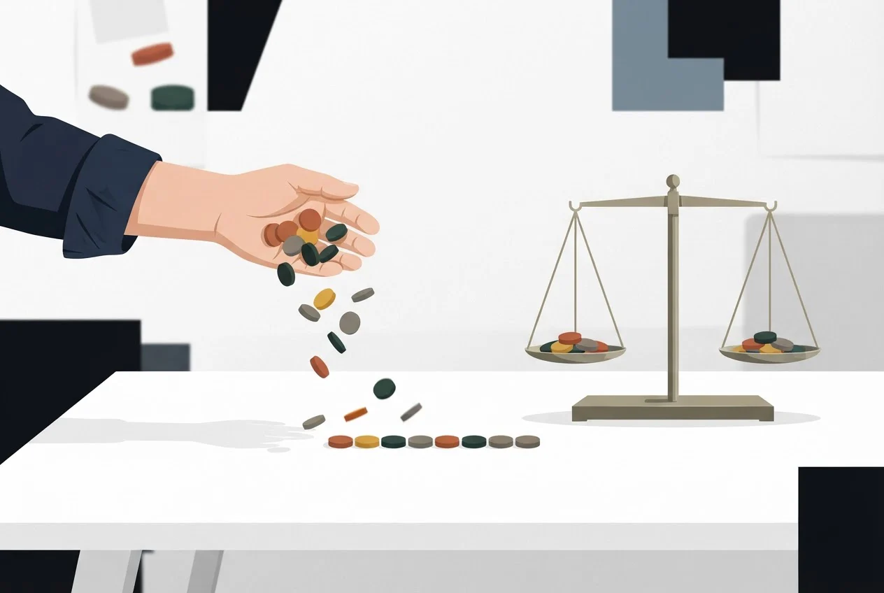 Hands toss tokens onto a table beside a small balance holding two nearly even piles.