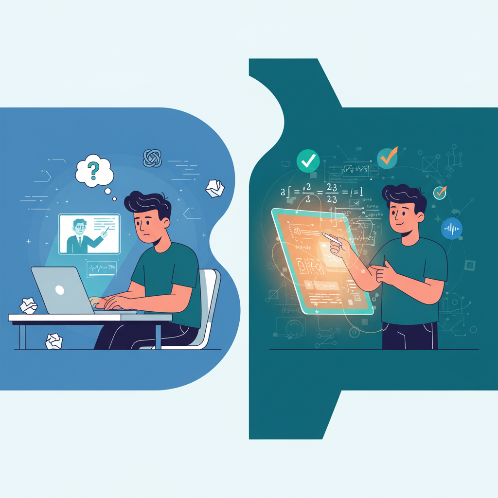 Split-screen illustration comparing passive video learning with active, real-time digital math collaboration.