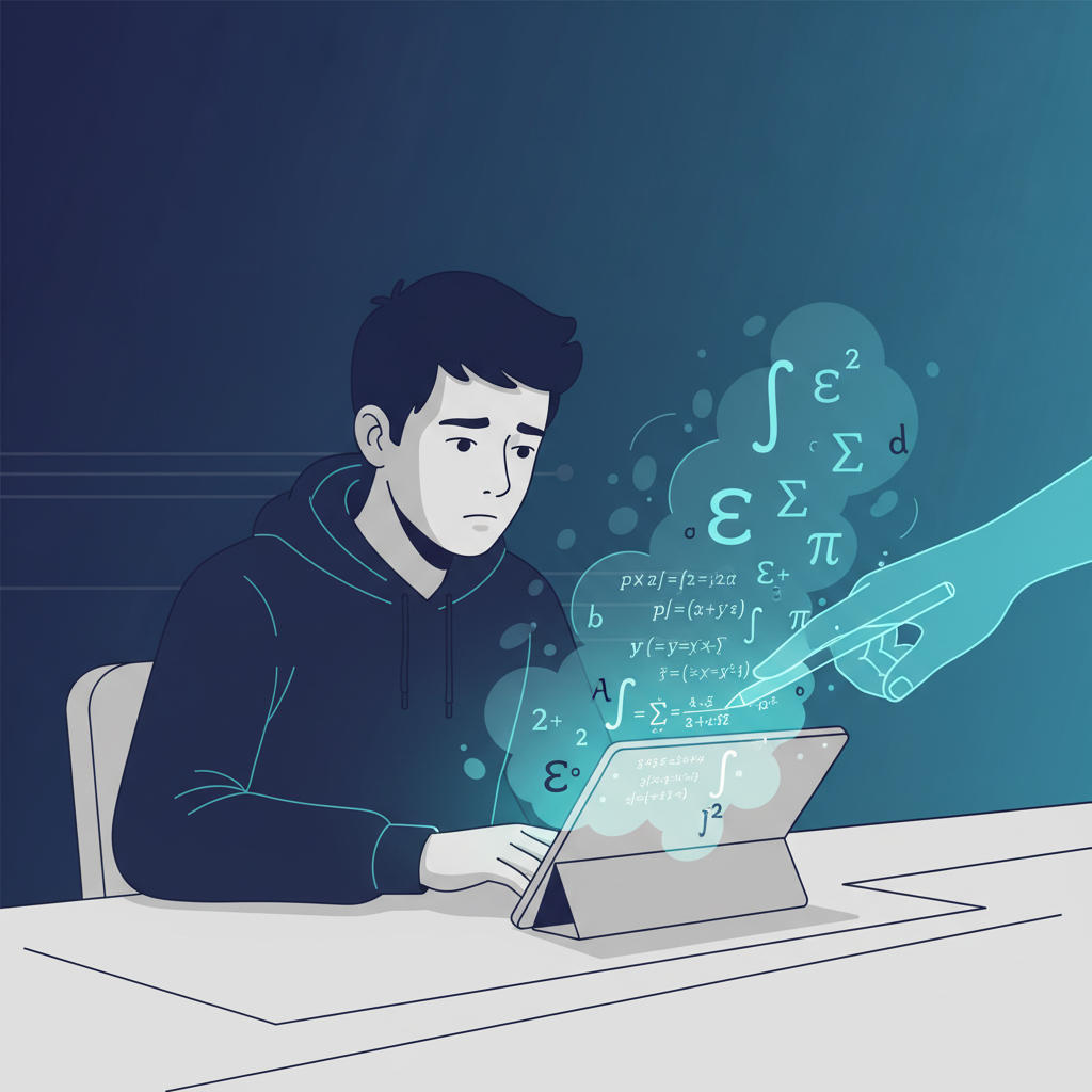 Conceptual illustration of a student getting real-time guidance on a complex mathematical proof.