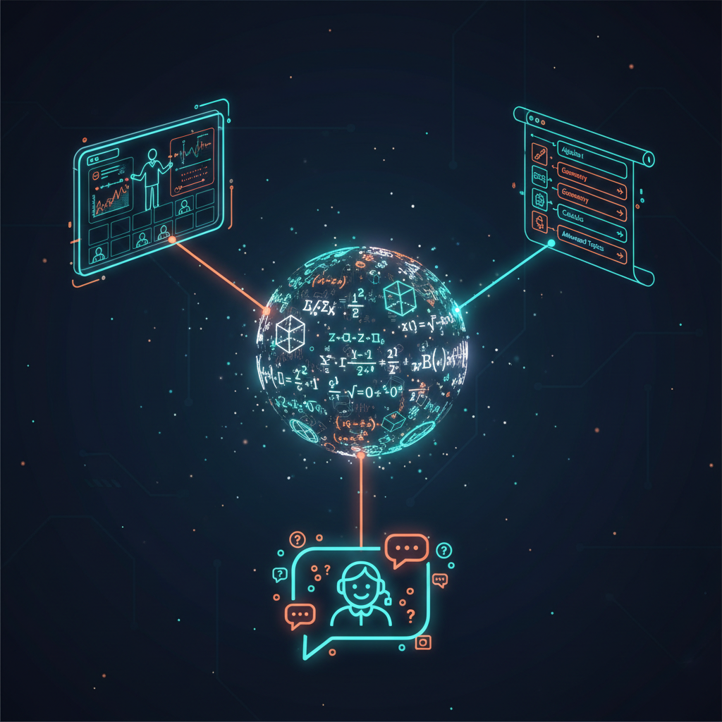 Infographic-style illustration of a connected math learning ecosystem featuring live classes, continuous support, and structured curriculum.