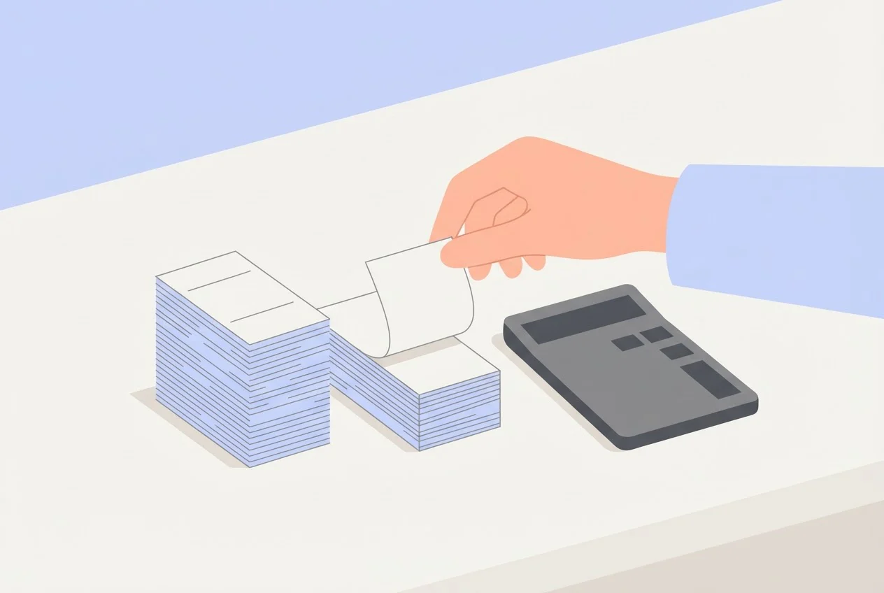 Two matched stacks of receipts and a calculator on a desk, being weighed against each other.