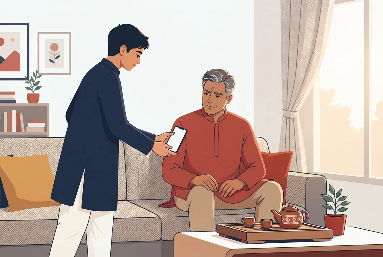 A teenager hands a phone to a parent on a sofa so the parent can read it before agreeing.