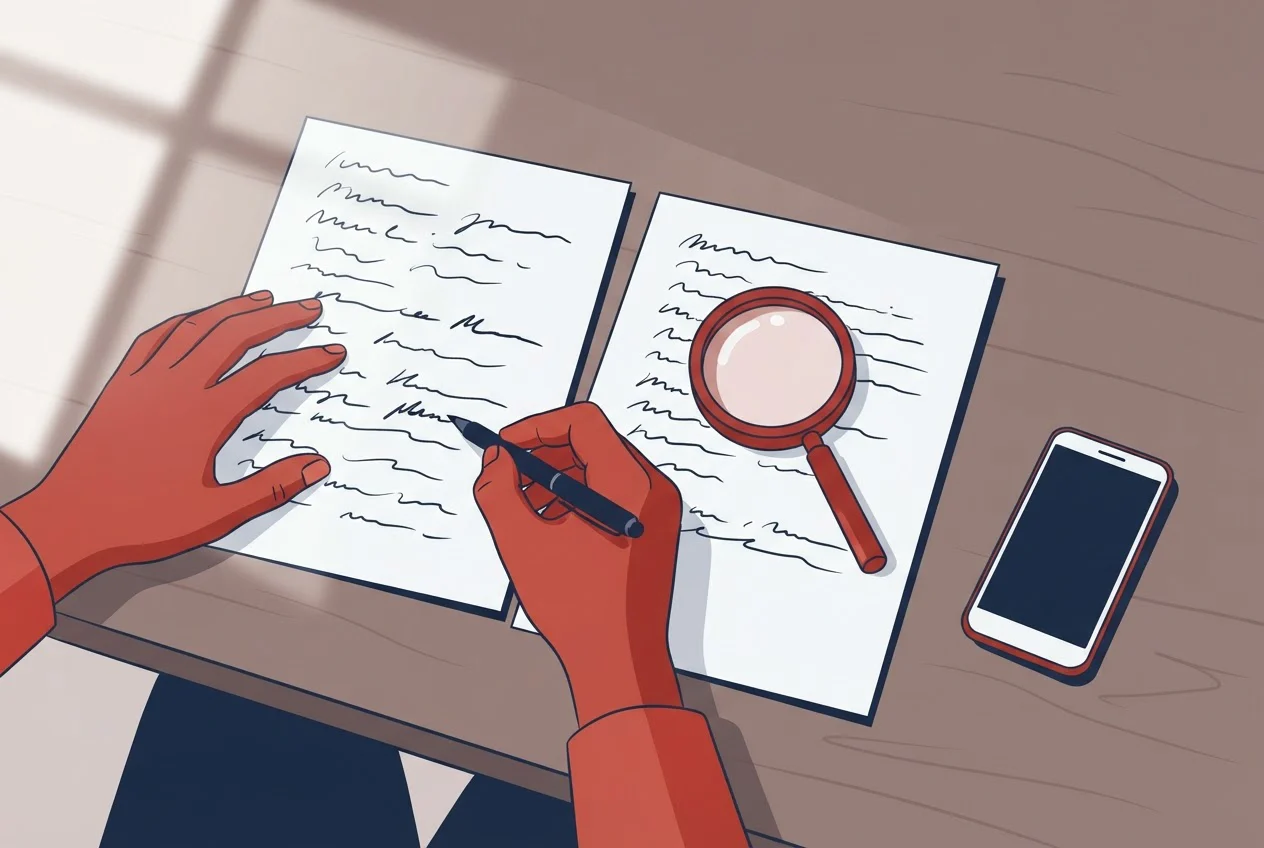 A researcher compares two sets of handwritten notes side by side with a pen and magnifying glass.