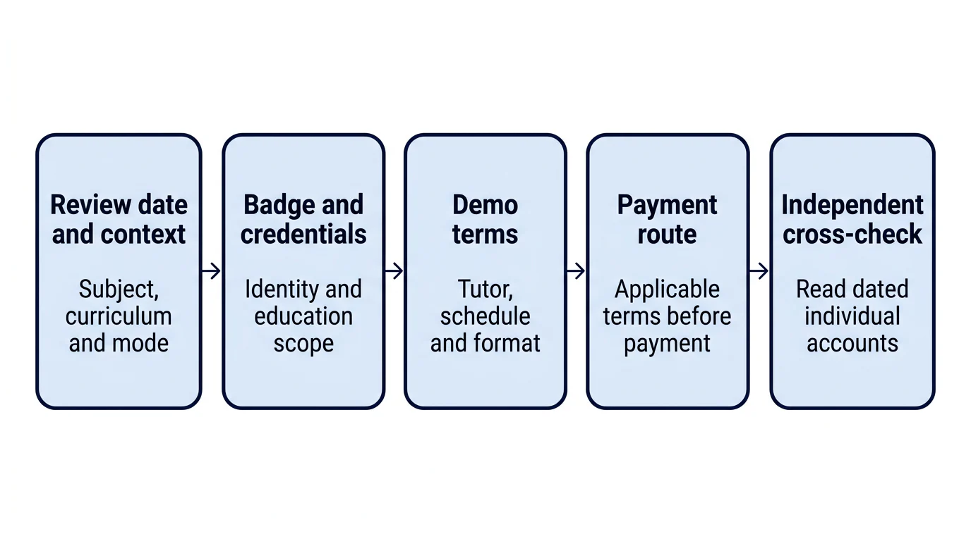 A left-to-right five-step checklist for reviewing tutor profiles, demos, payment terms and independent sources.