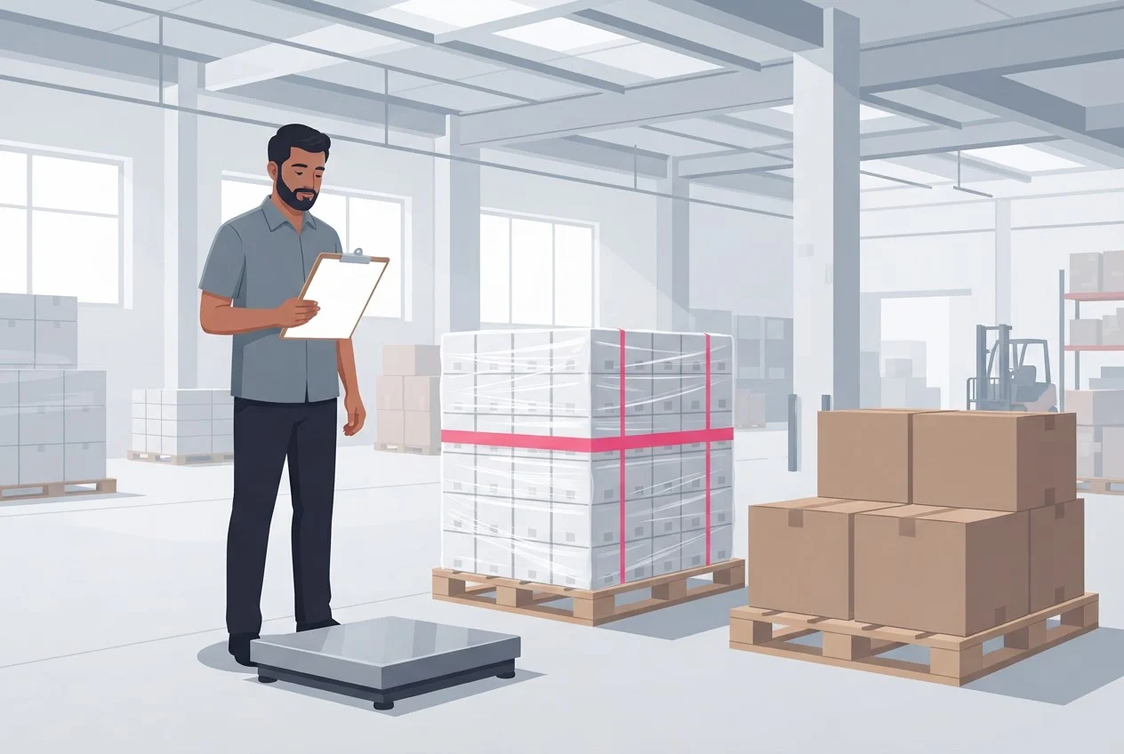 A warehouse worker beside a floor scale with two pallets of different goods being weighed.