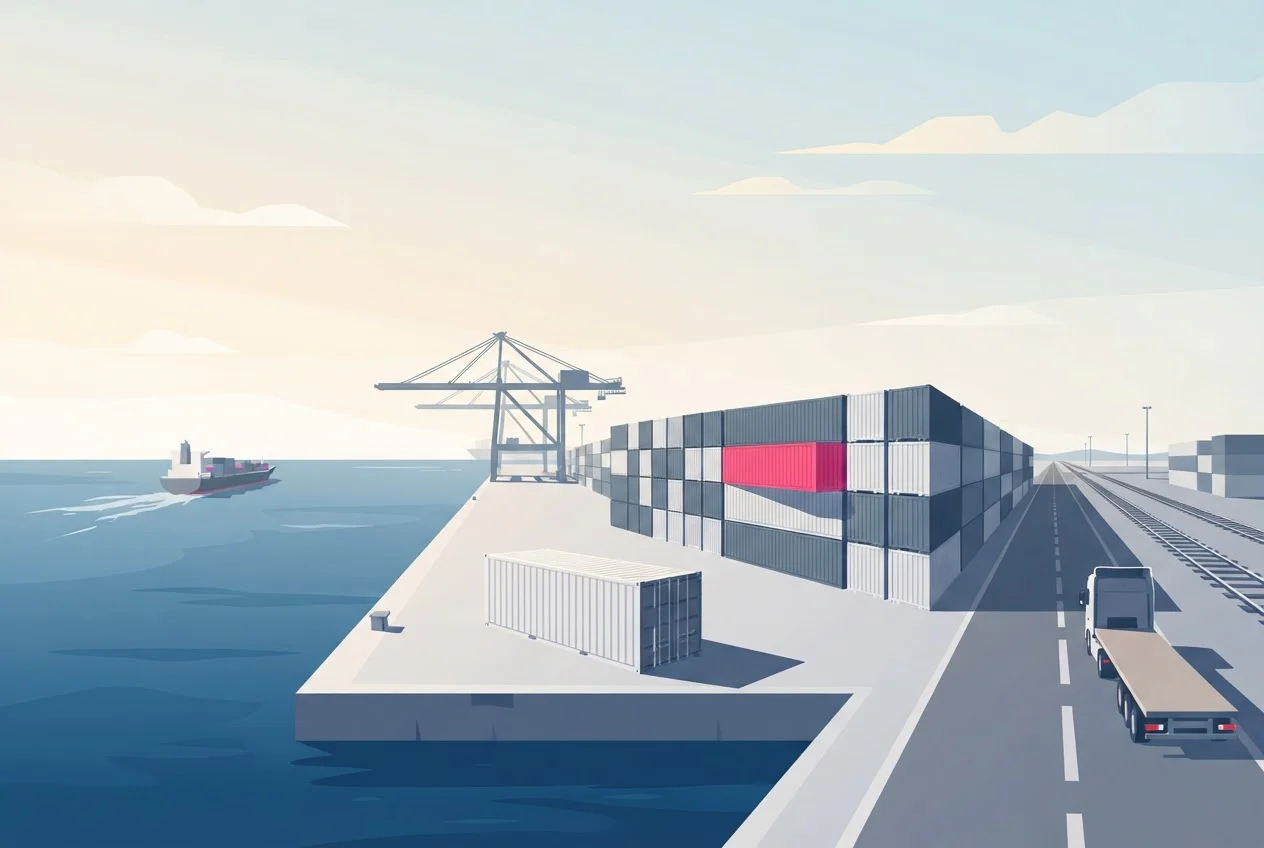 A container on a port quayside with a crane behind it and a truck waiting on the road leading inland.