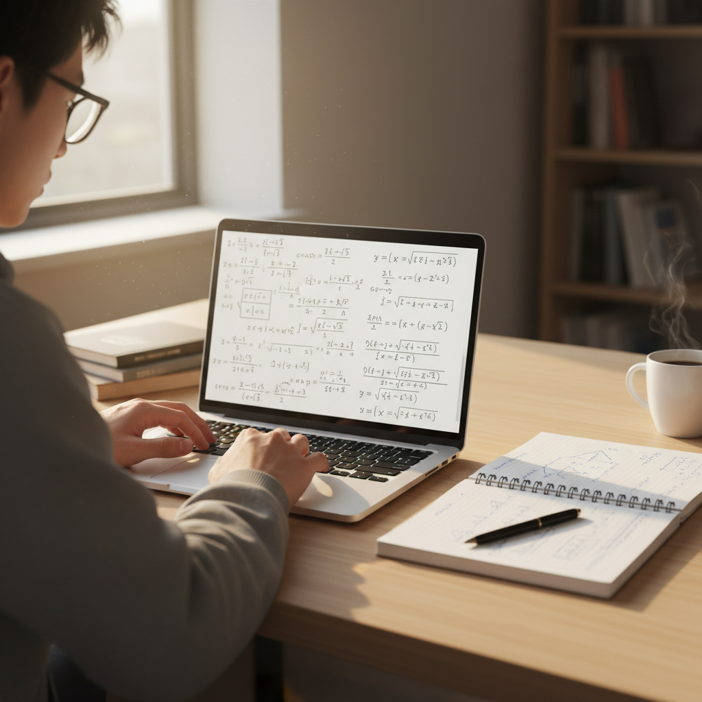 A graduate student analyzing complex linear algebra equations on a laptop screen with an open notebook on a wooden desk.