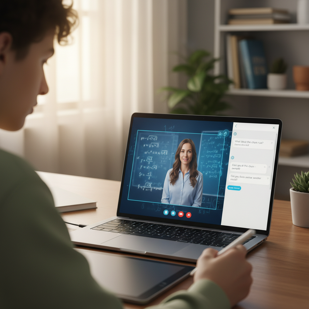 An over-the-shoulder view of a student attending a live online math class with a tutor explaining a calculus theorem on a digital whiteboard.