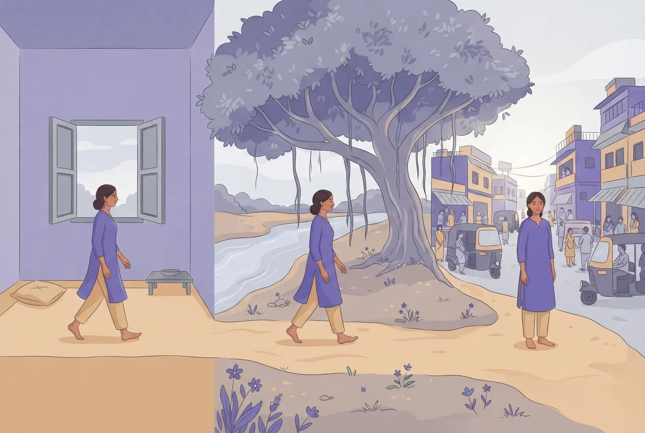 A woman walks from a quiet room past a riverbank with a banyan tree to a busy street, staying calm throughout.