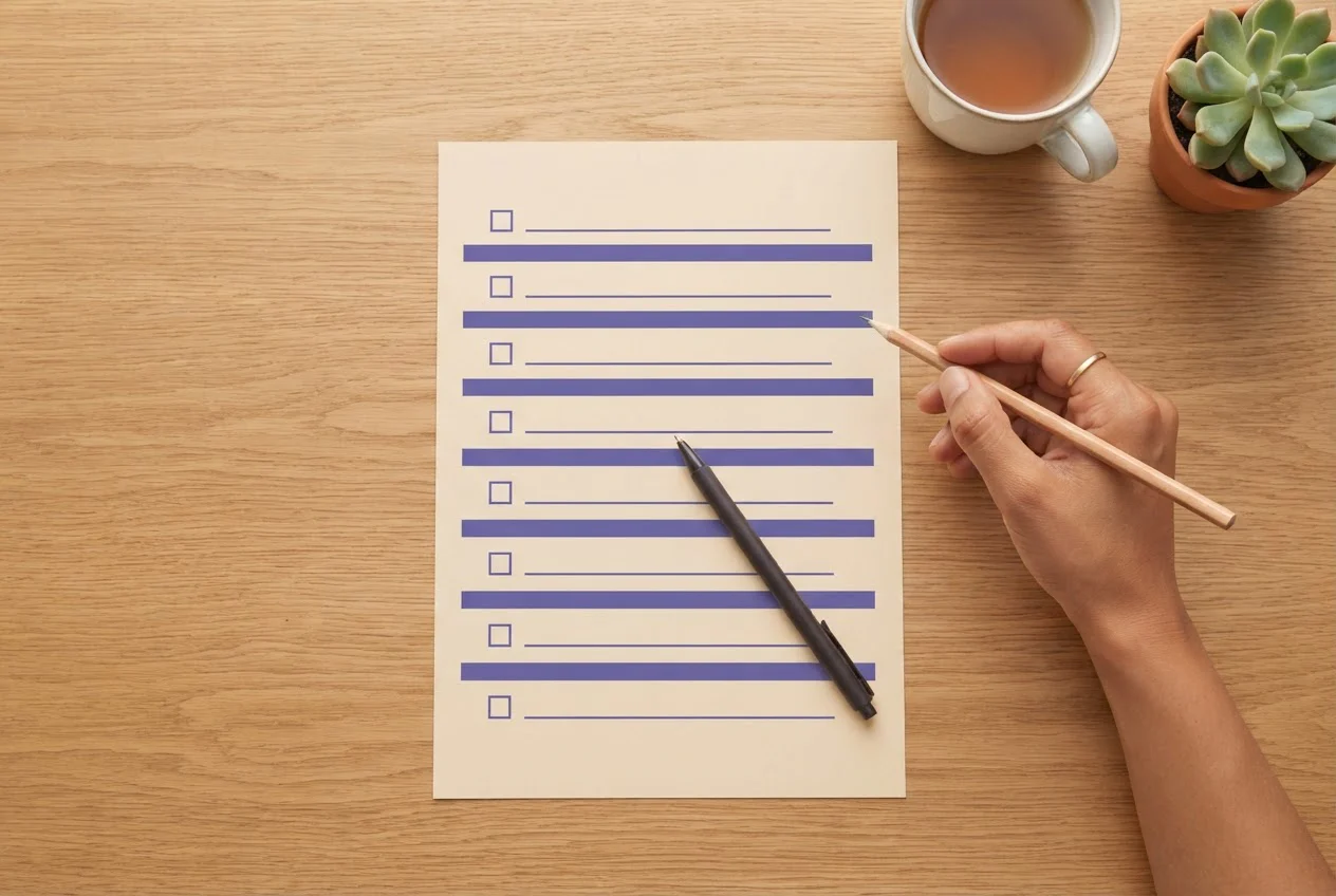A single sheet divided into eight bands lies on a desk with a pen, a cup of tea and a hand holding a pencil.