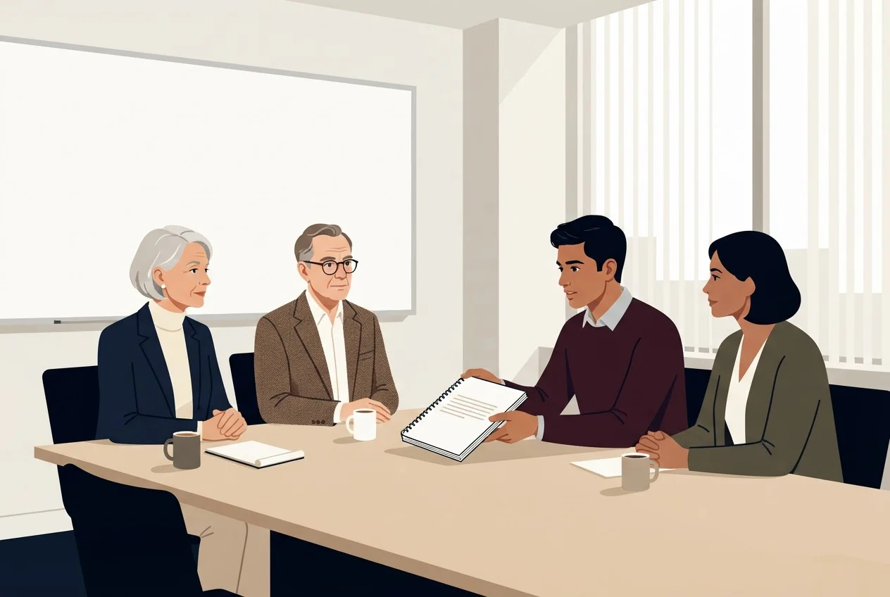 A research scholar presents a progress report to three seated academics in a seminar room.