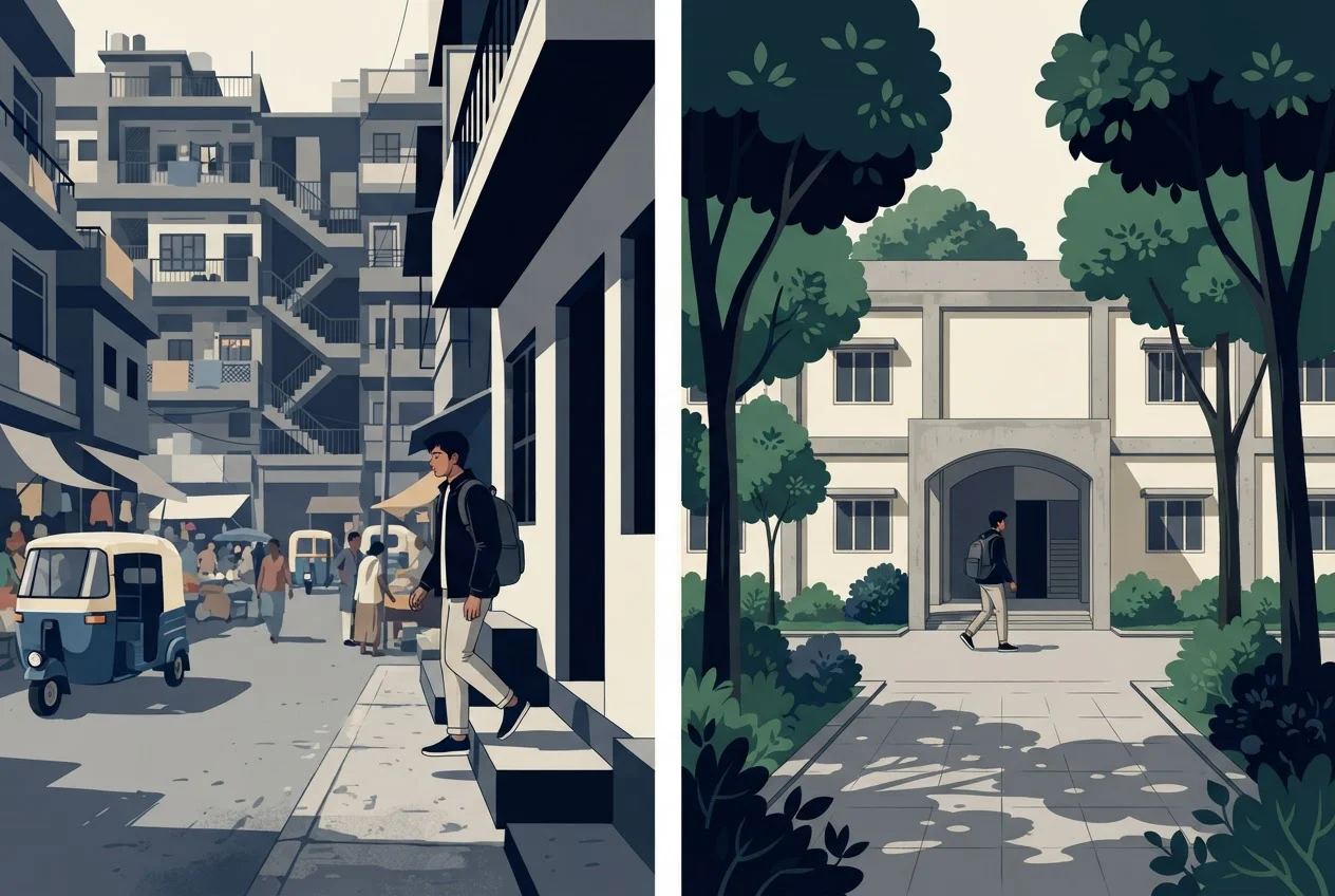 A student leaving a rented flat in a city street beside another student entering a university hostel.