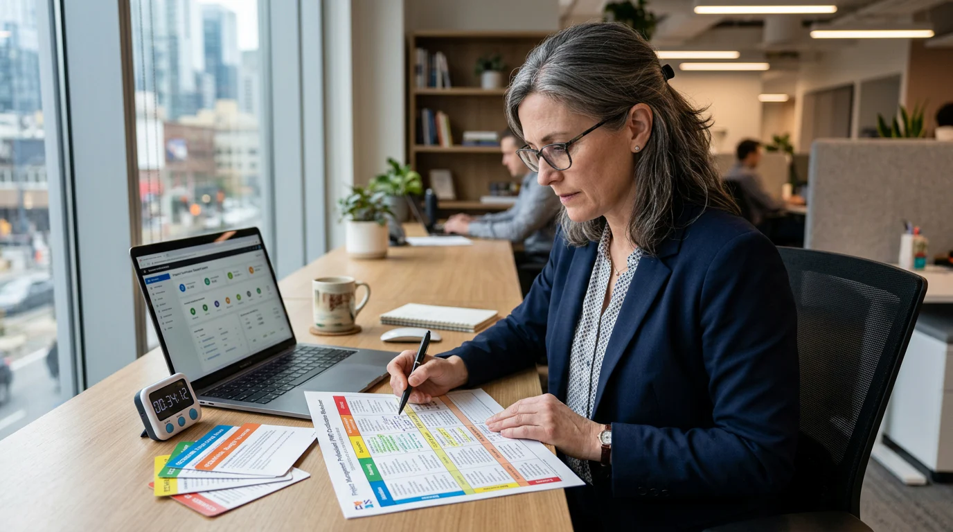 Program manager reviewing a five-domain study worksheet