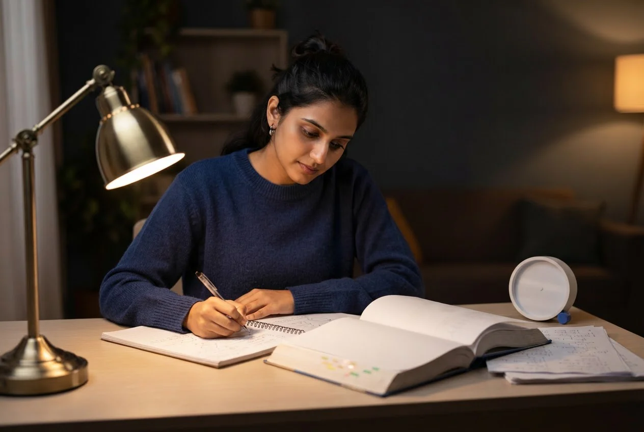 A student studying at a home desk in the evening with a notebook, a timer and a small stack of practice sheets.