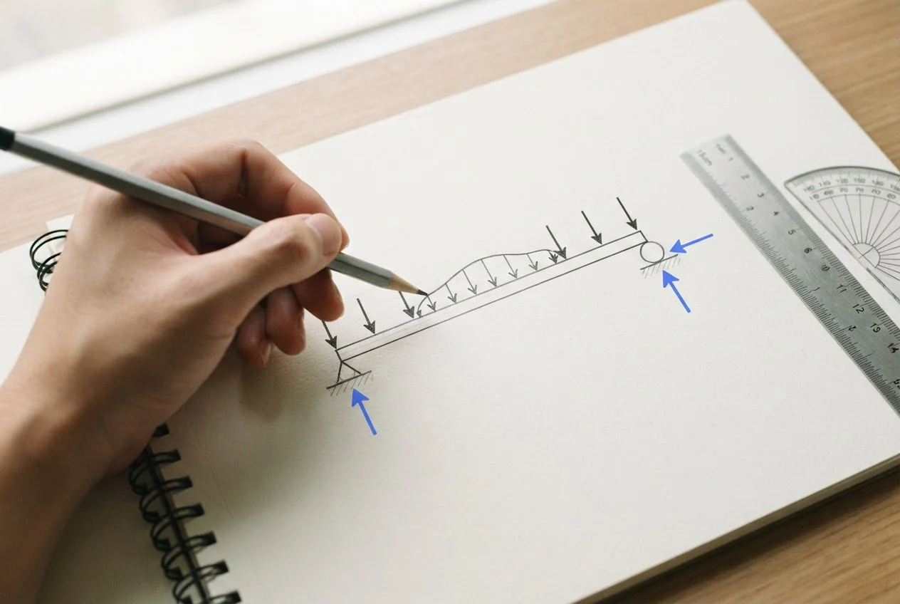 A hand sketching a beam with load arrows and support reactions in a notebook next to a ruler and protractor.