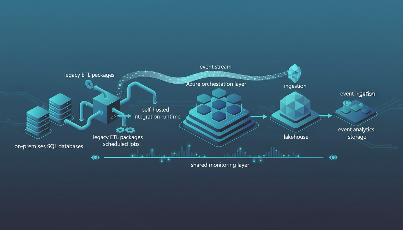 Hybrid Azure architecture connecting legacy ETL, batch loads, and event streams