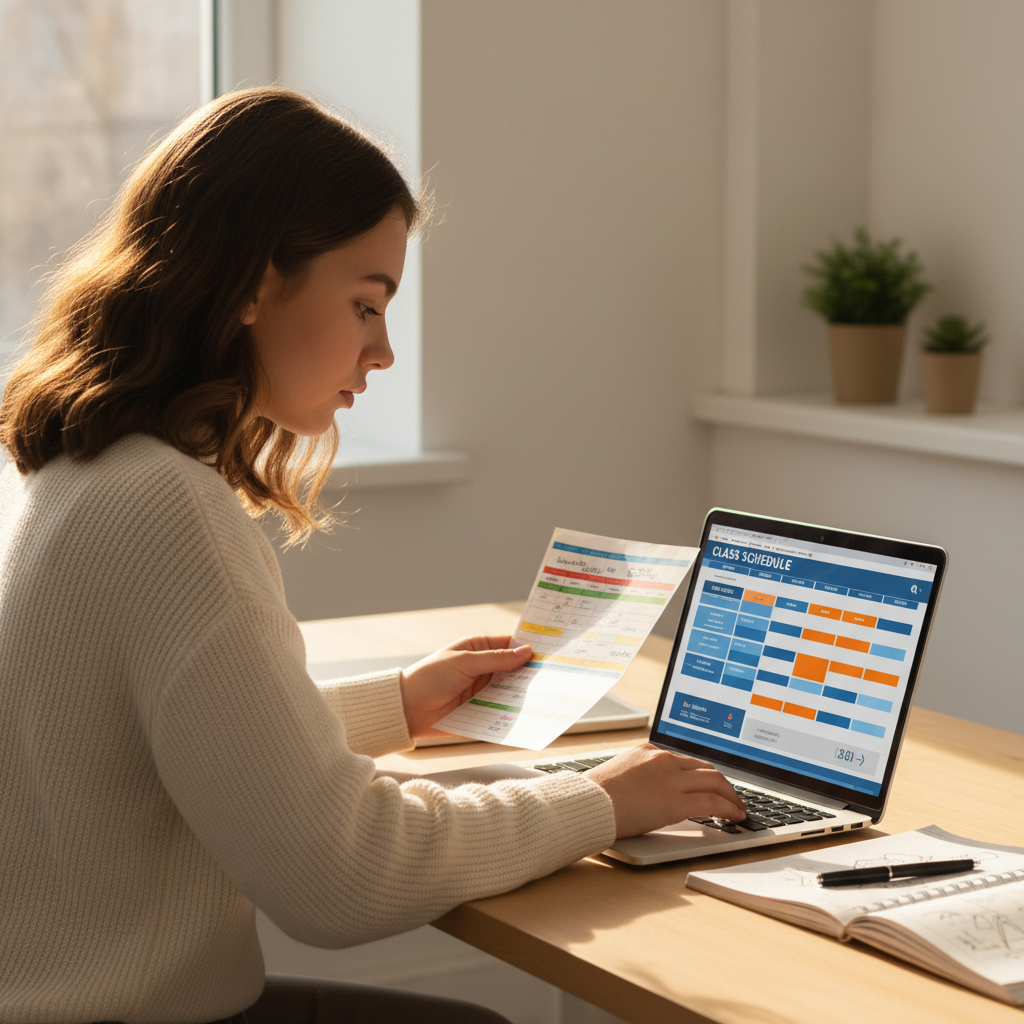 A student comparing a school timetable with an online class schedule on a laptop screen.
