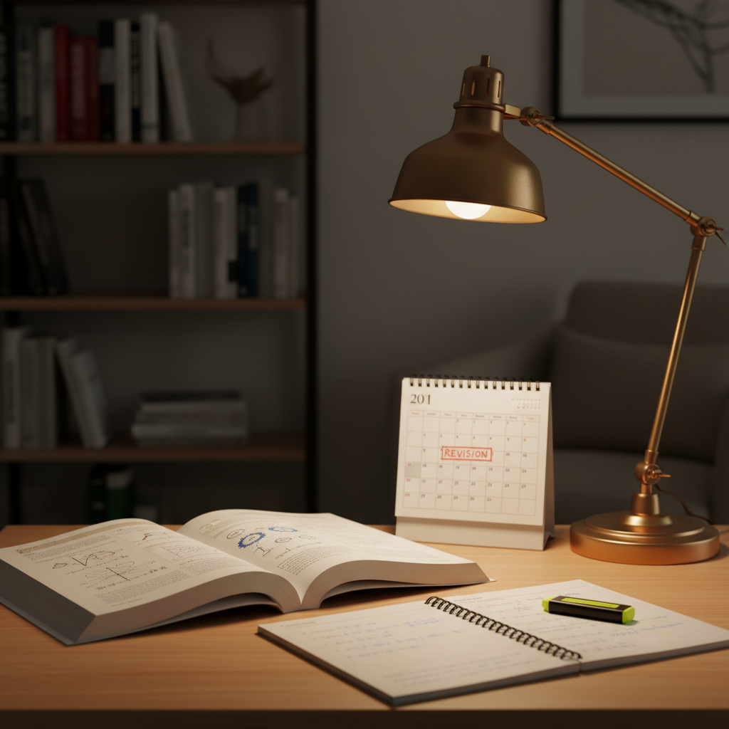 A quiet, organized study desk with open physics textbooks and a highlighted calendar showing a dedicated revision block.
