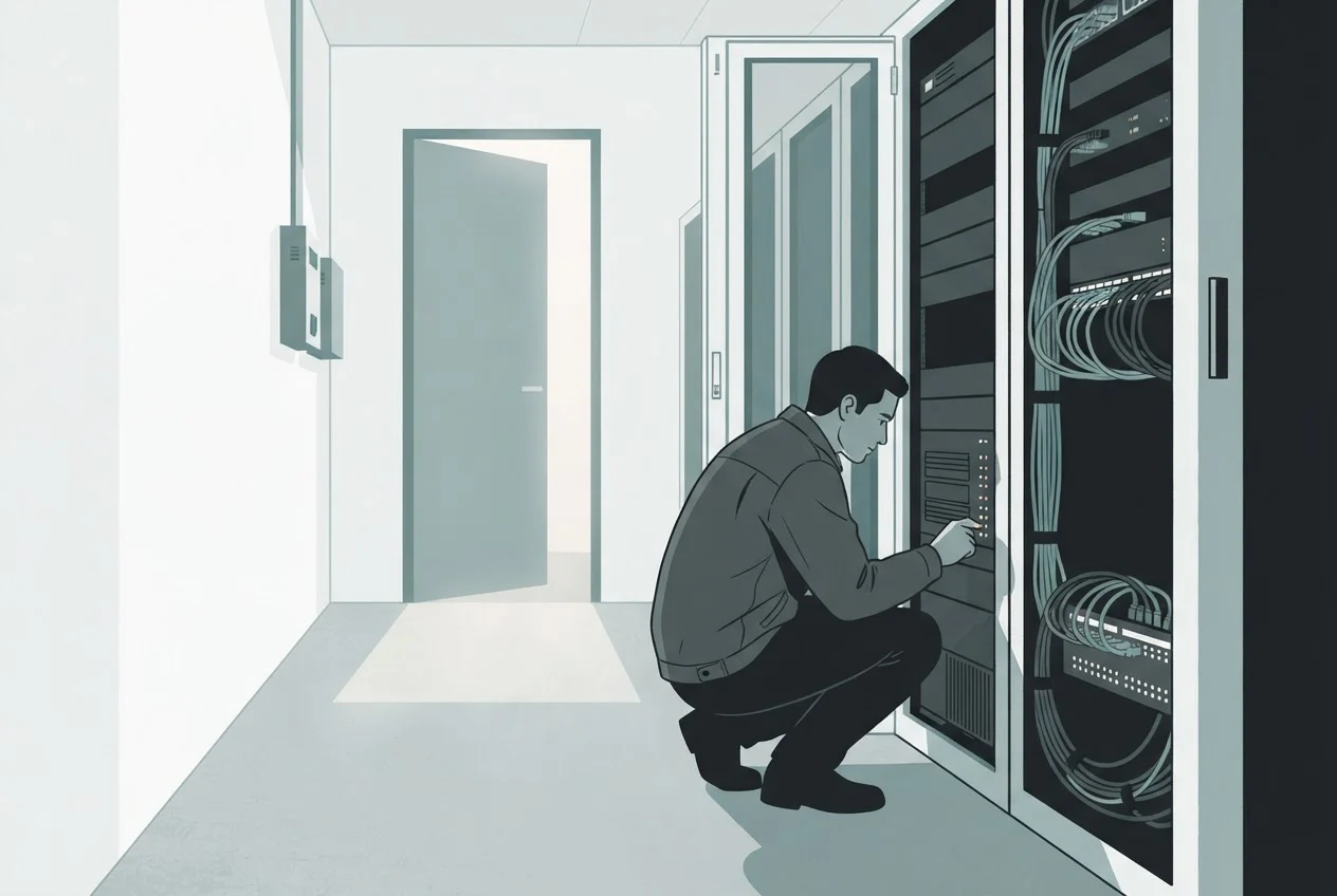 A technician crouches beside a server rack in a quiet corridor with an open doorway at the end.
