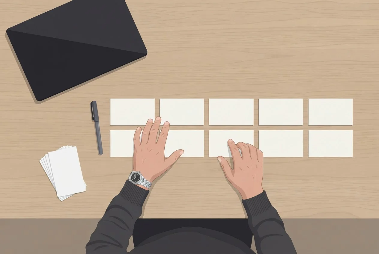 A man arranges ten blank index cards in two groups on a desk beside a pen and tally sheets.