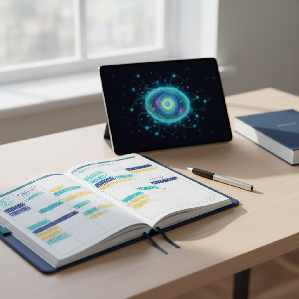 An organized study desk with a clean daily planner showing color-coded time blocks next to a tablet displaying a biology diagram.
