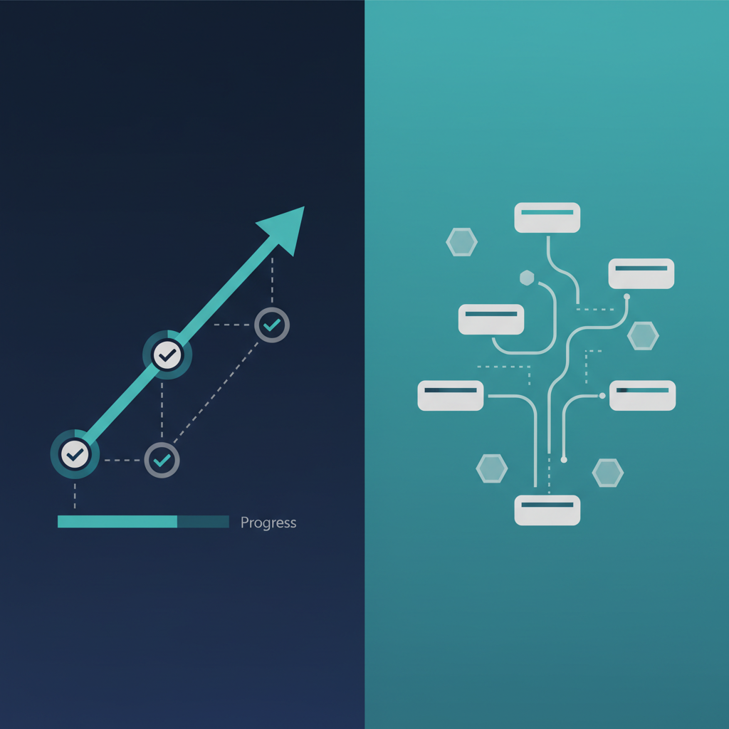 A minimalist split-screen conceptual illustration showing different structured learning paths and progress charts.