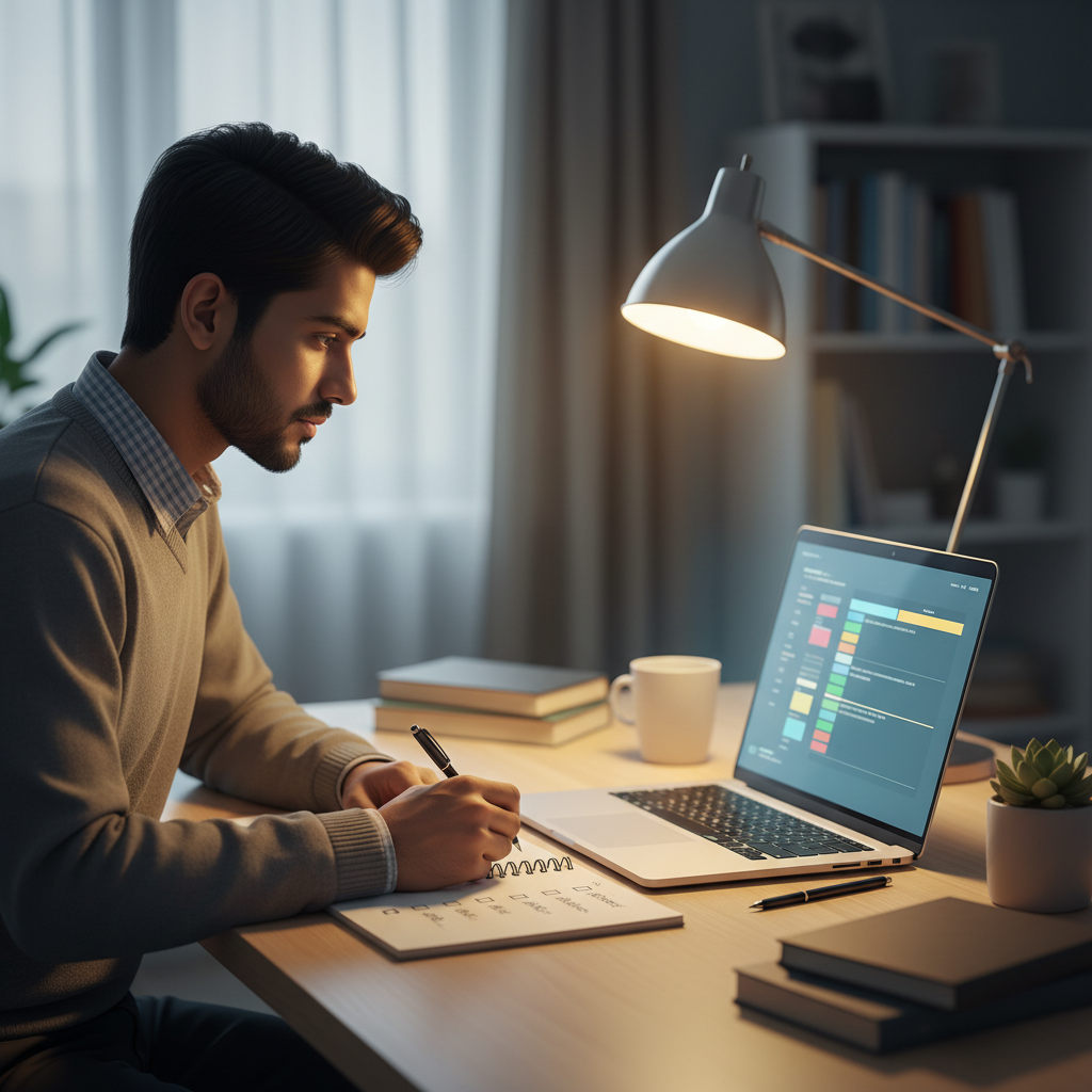 A student analyzing a digital study schedule on a laptop screen, checking off items on a notepad.