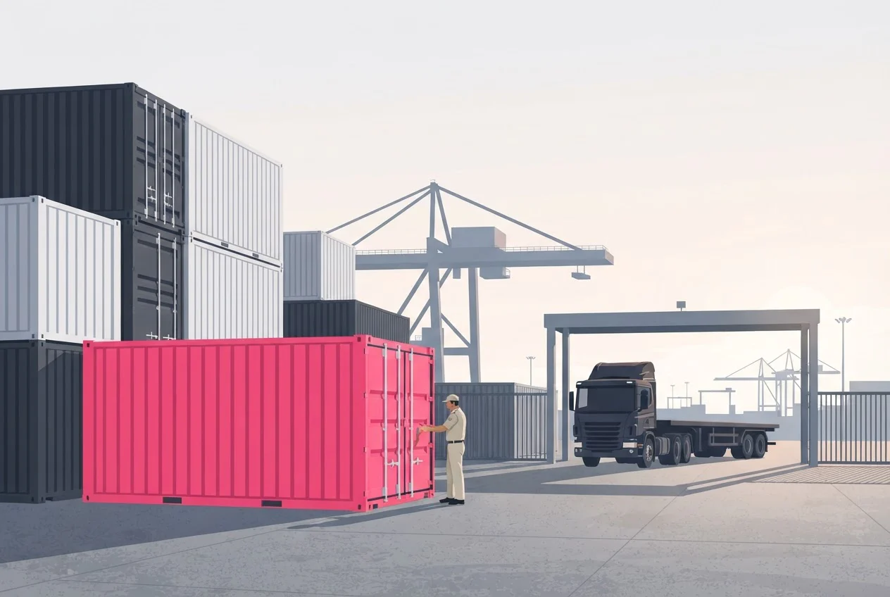A customs officer inspects a container at a seaport yard while a truck waits at the gate.