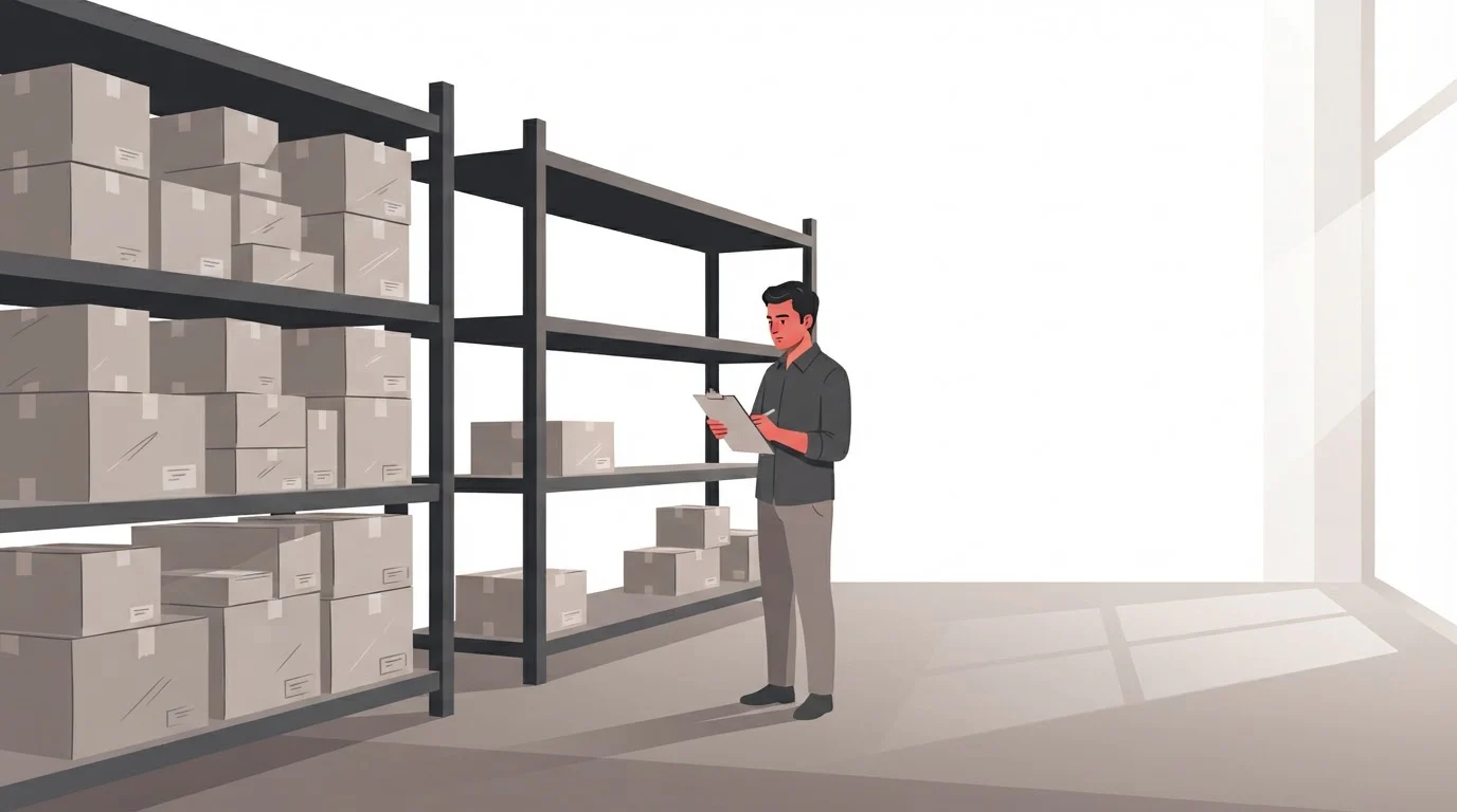 A buyer with a clipboard stands in a warehouse aisle looking at shelves of cartons, with one bay partly empty.