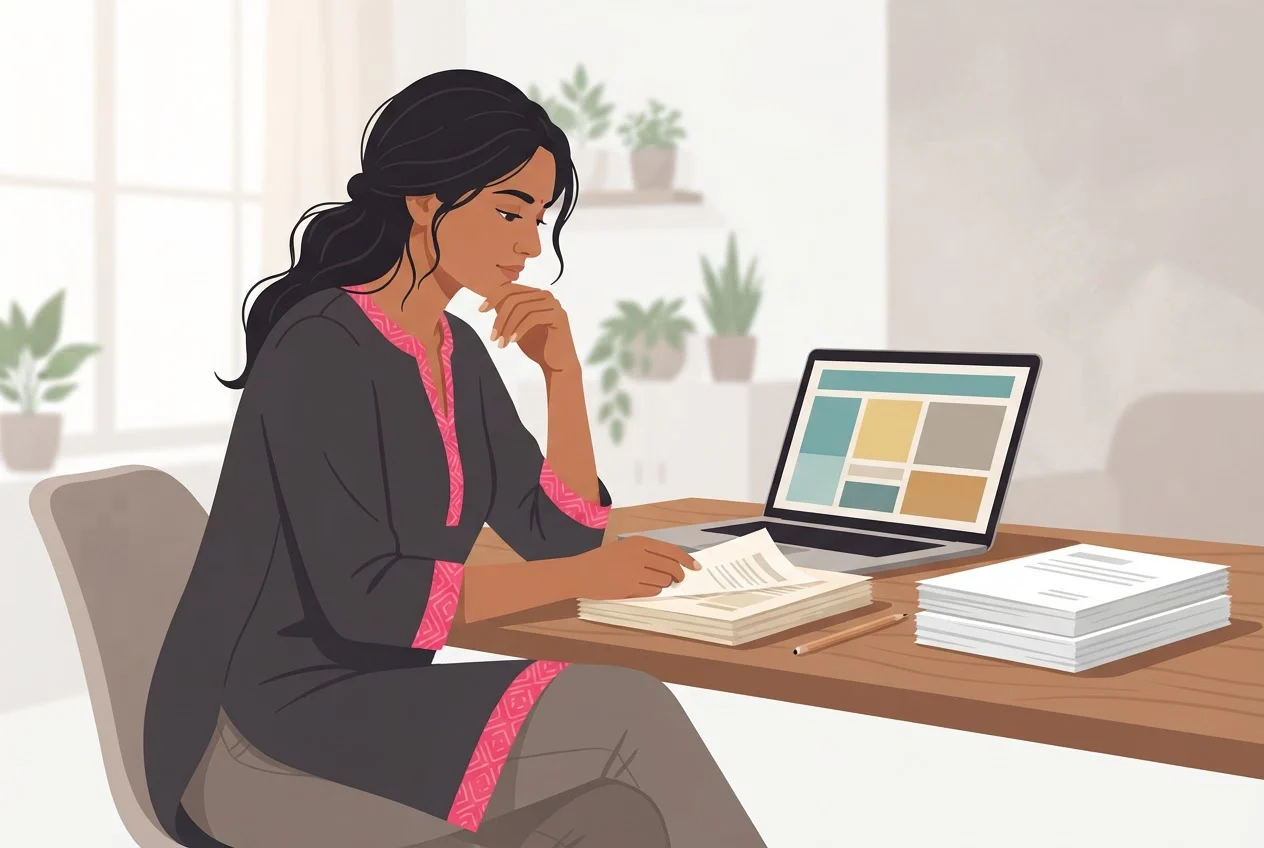 A buyer at a desk with a laptop and two separate piles of printed sales sheets.