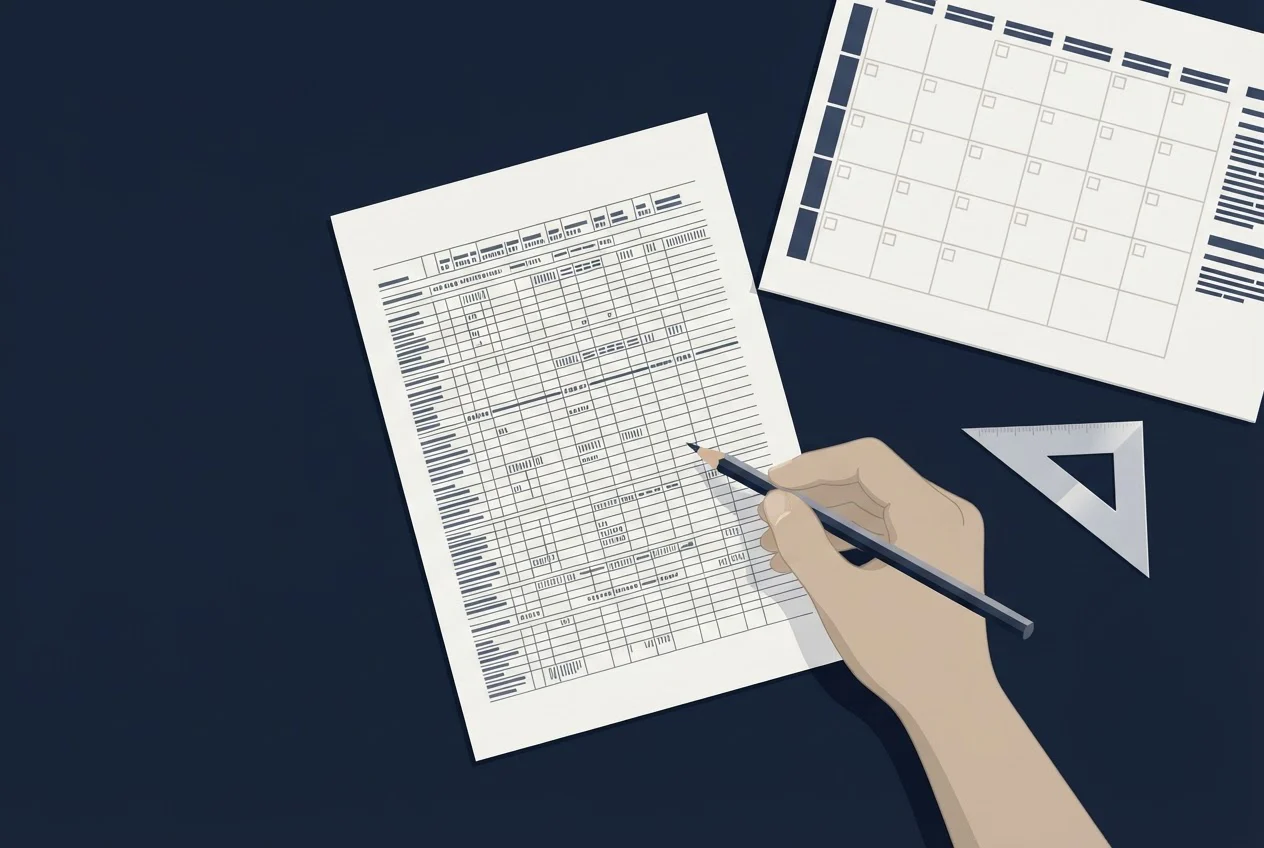 A hand with a pencil hovers over a printed mark sheet and a calendar on a desk, checking details carefully.