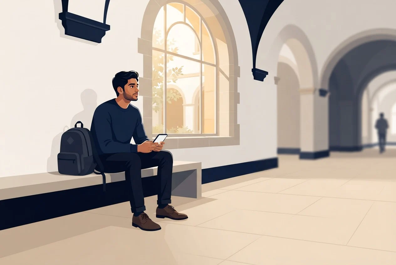 A final-year student waits on a bench in a university corridor, holding a phone while his results are pending.
