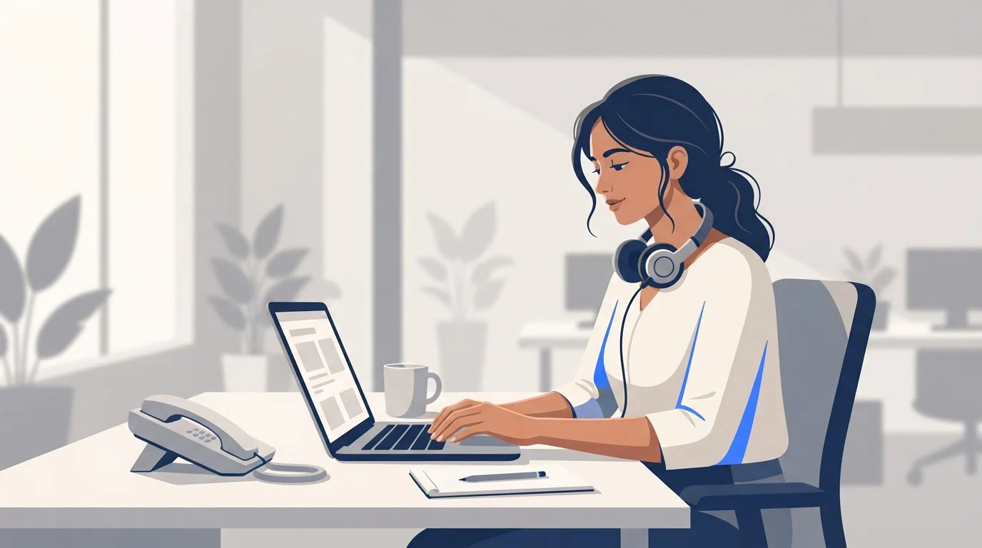 An Indian call agent at a desk types a note on a laptop right after finishing a phone call.
