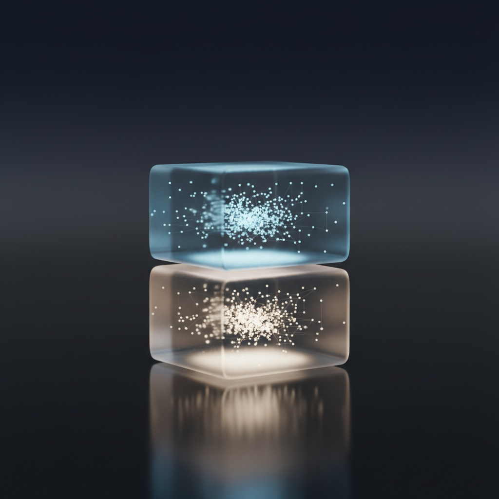 A conceptual 3D render of balanced data blocks representing ratios and metrics.