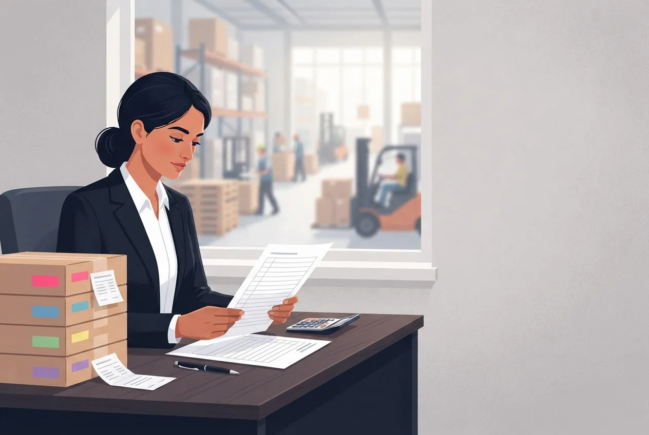 An accounts executive at a desk checks a printed sheet and a calculator with a warehouse visible through the window behind.