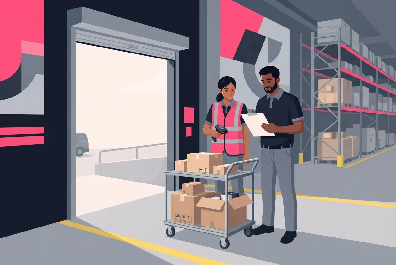 Two warehouse managers at a receiving dock scan a small trial batch of cartons from a trolley.