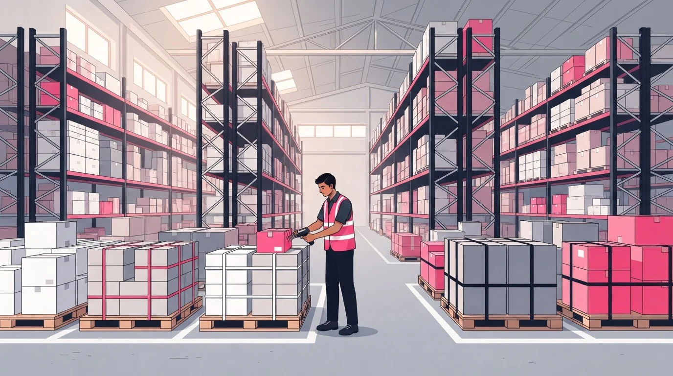 A warehouse worker scans a carton beside pallets of goods kept separate on racking in a 3PL warehouse.